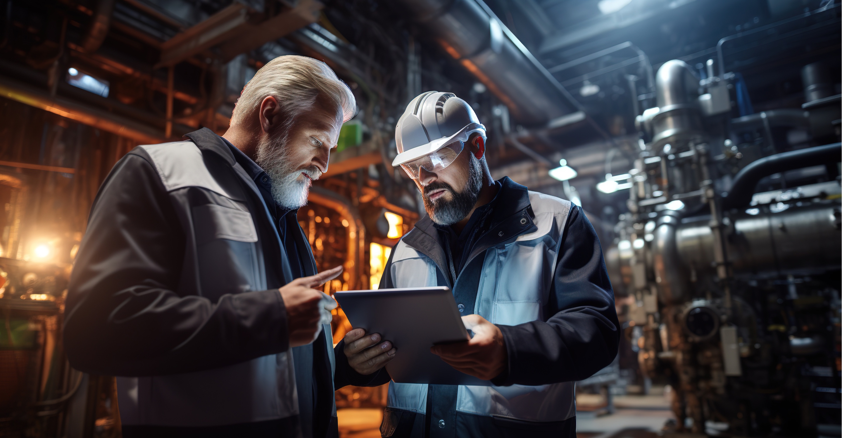 Two men wearing industrial work attire look at a tablet while standing in a factory