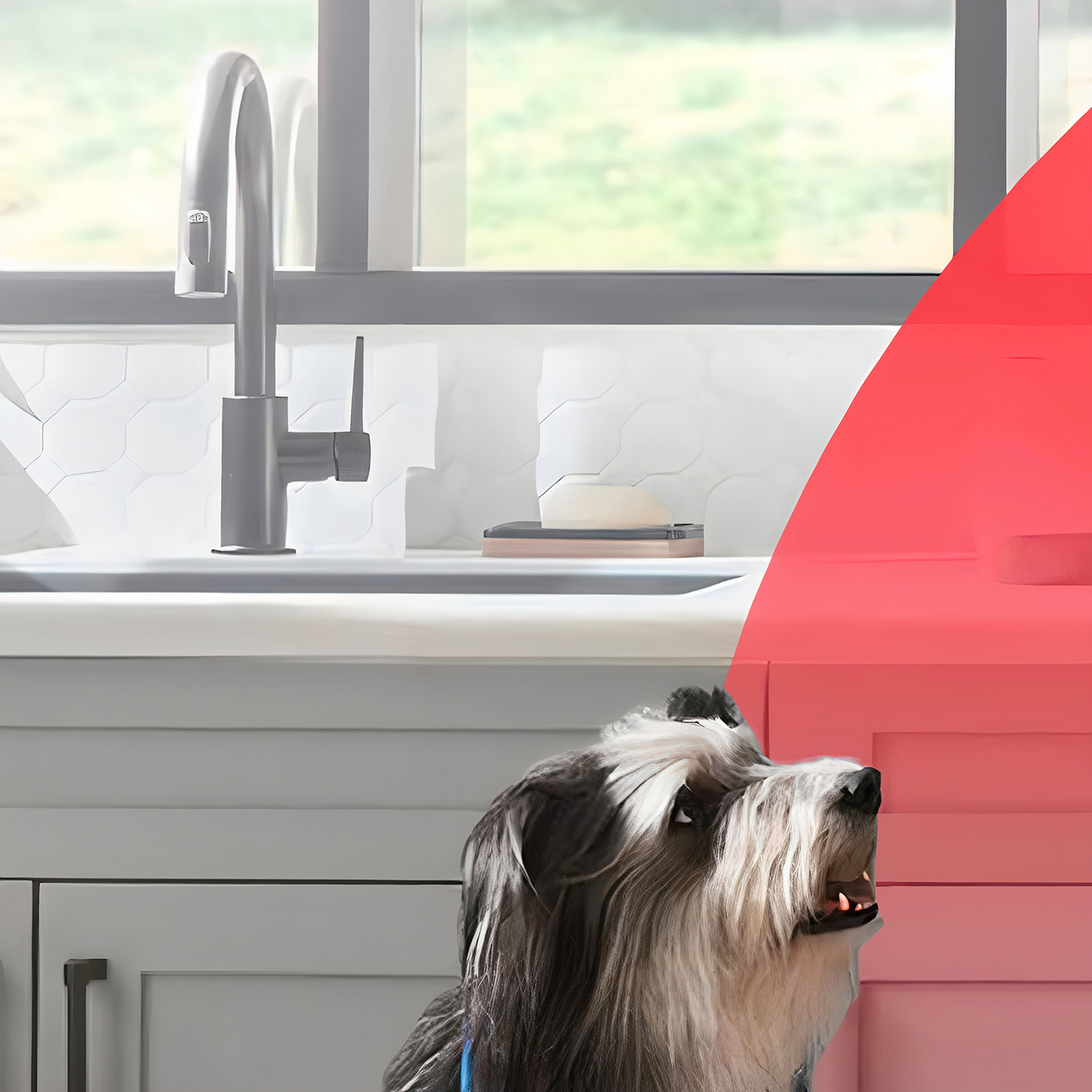 A dog stands in a kitchen looking up.