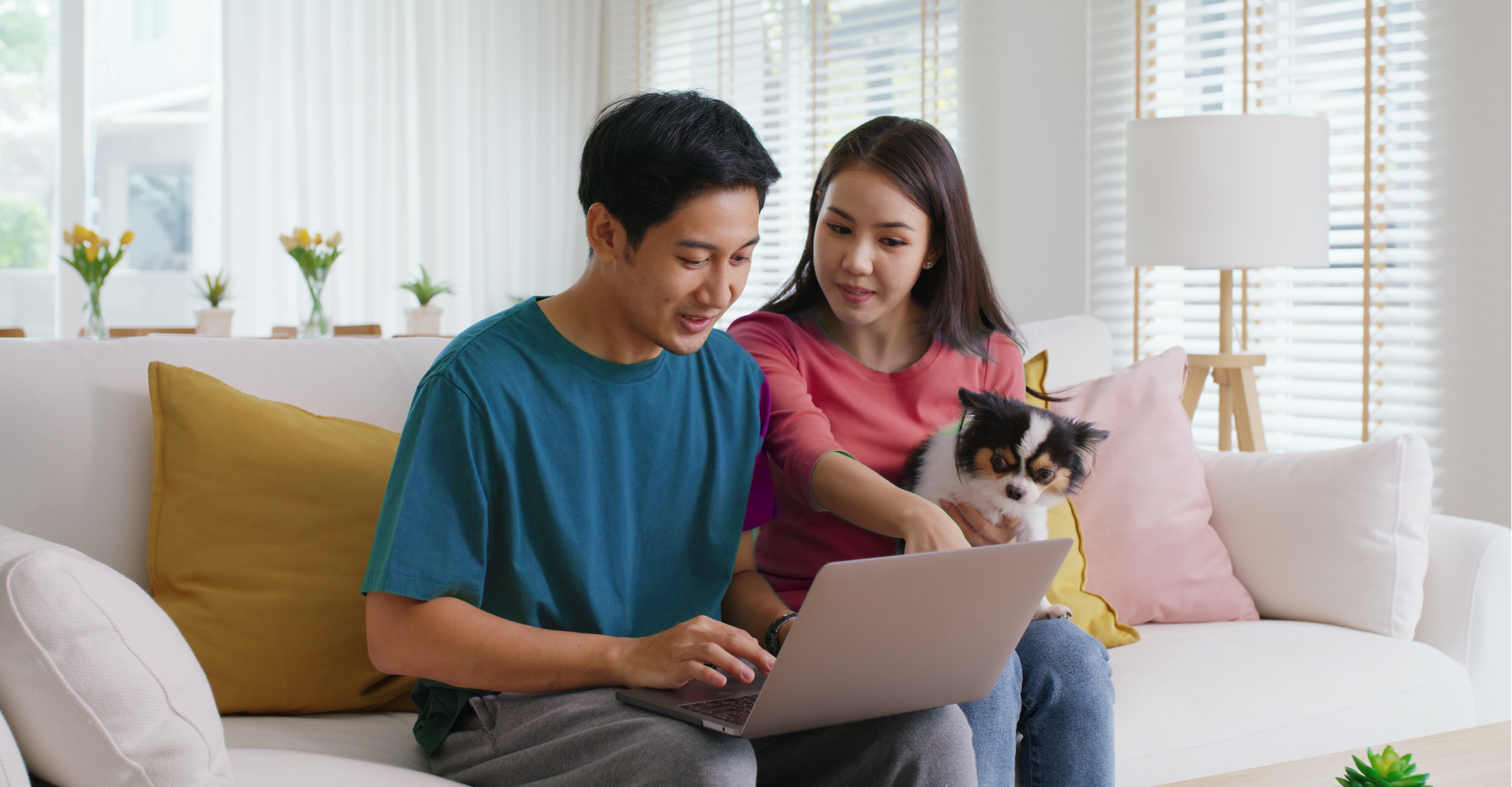 A man and a woman sit on a couch looking over a shared laptop. The woman holds a small dog in her lap.