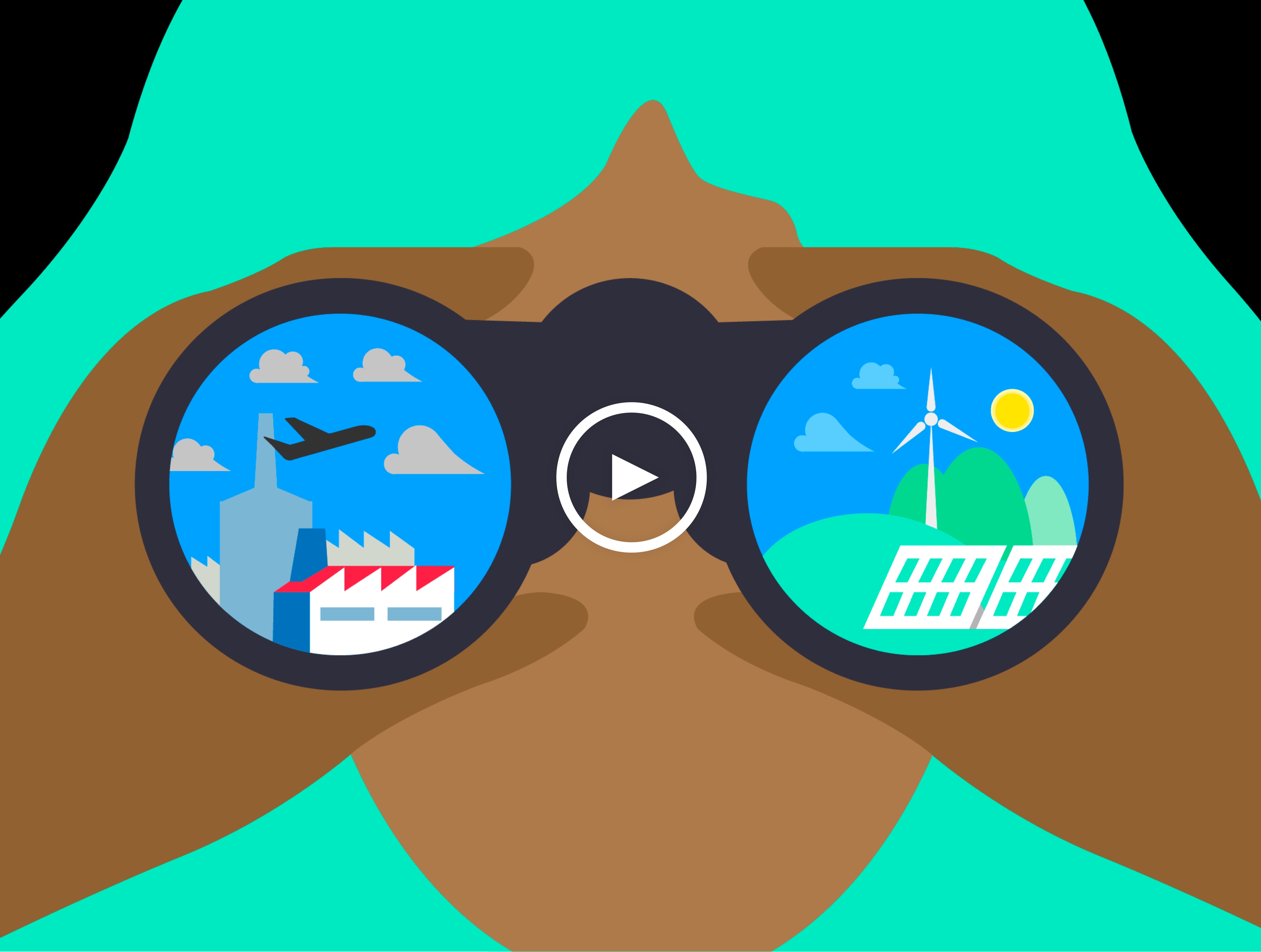 An infographic-inspired illustration of a close-up of the front of a woman’s face, looking back at camera with a pair of binoculars. In one of the lens of binoculars is a scene of an airplane taking off. In the other, a modern windmill generating power on a hill next to solar panels.   